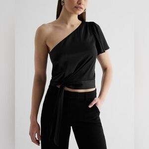Express Women's Satin One Shoulder Tie Waist Top Pitch Black Size XS NWT $64